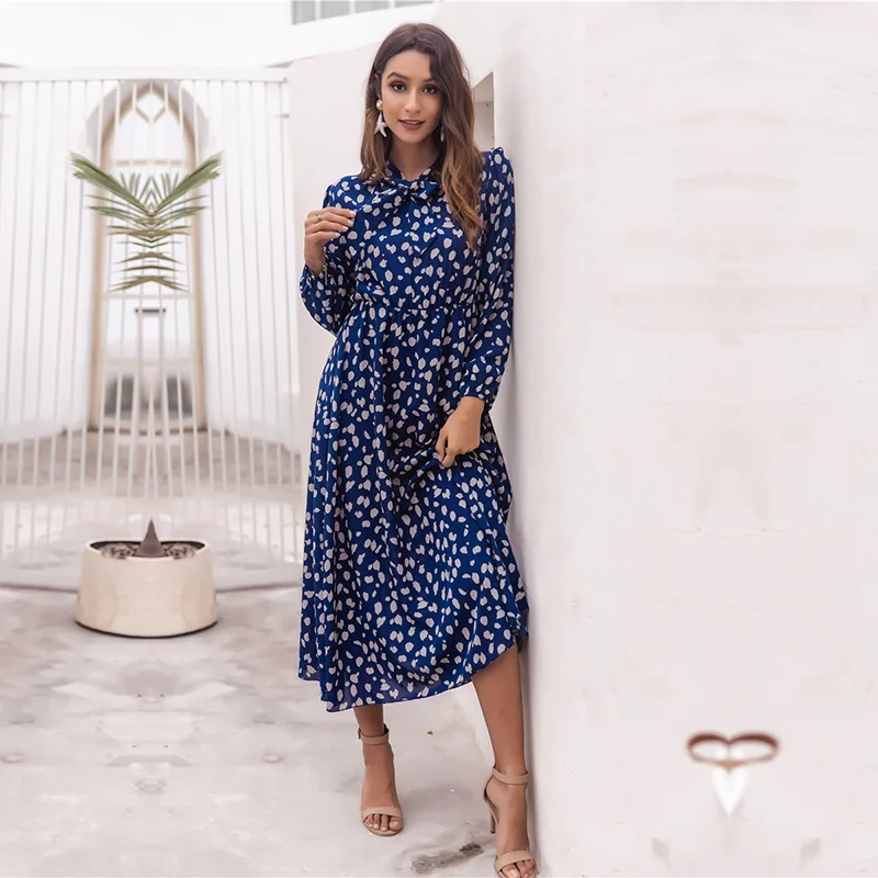 

Women's Bow Collar Long Sleeve Casual Long Printed Dresses Ladies 2021 New Spring Summer Fashion Petal A Line Chic Dress Female