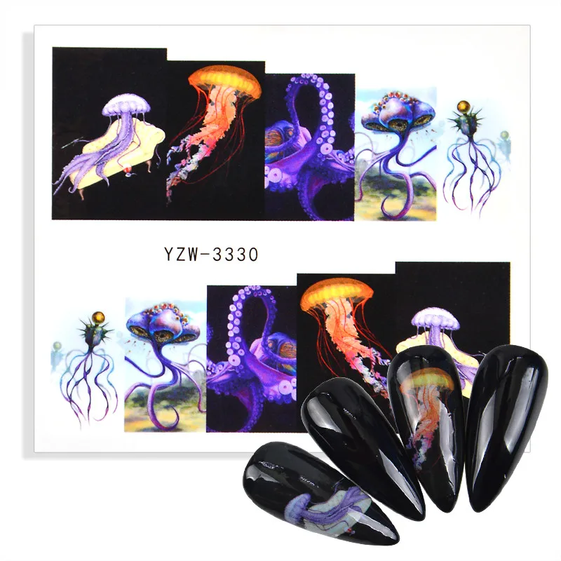 

1pc Summer Water Transfer Nail Art Stickers Ocean Animal Cartoon Mermaid Sliders Blue Starfish Hippocampus Jellyfish Decor Decal