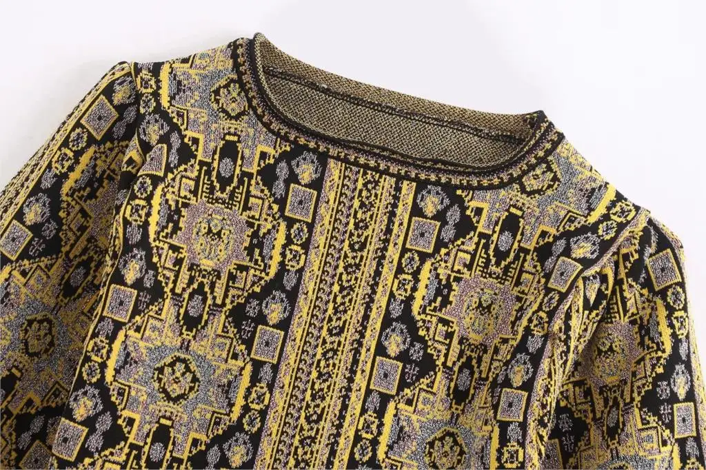 Женский Рождественский трикотаж платье с длинным рукавом желтое винтажное мини