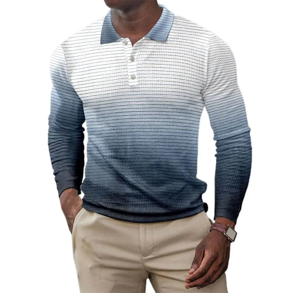 

Men Shirt Gradient Color Turn-down Collar Casual Pullover Long Sleeve Polo Shirt for Daily Wear