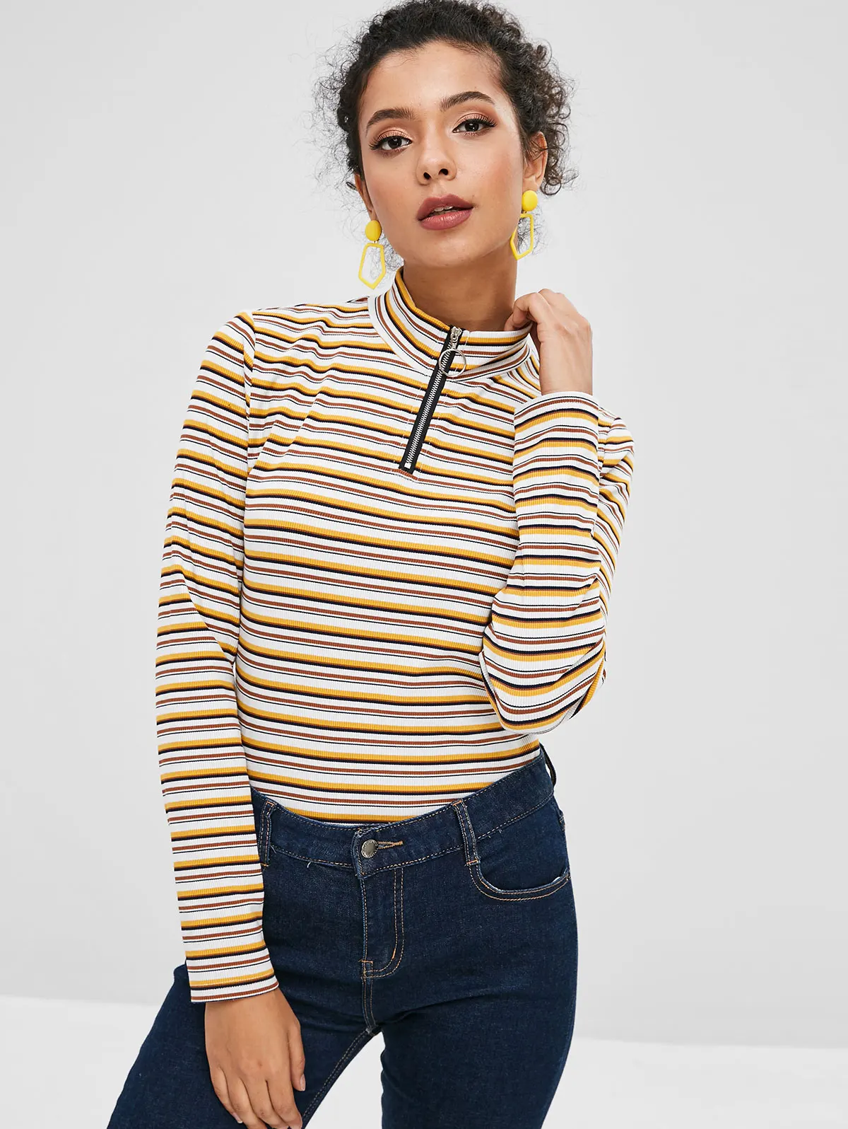 ZAFUL Женский вязаный Топ в полоску с высоким воротником на молнии длинным рукавом