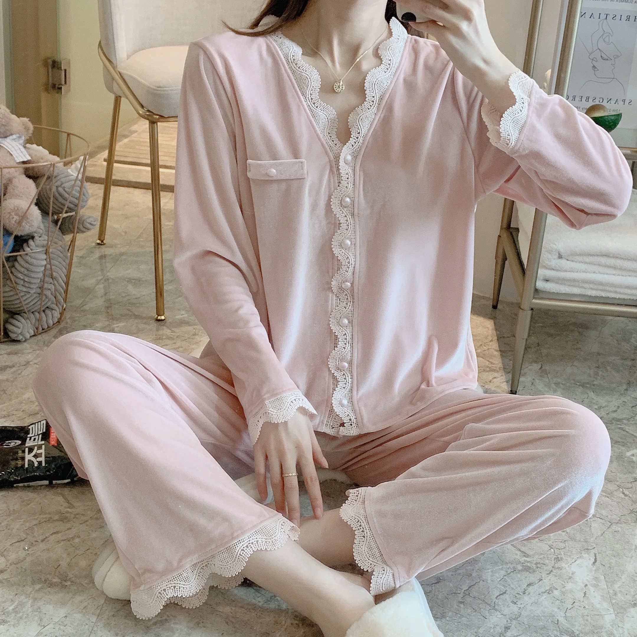

Autumn Winter Warm Pajama Set Women Sexy Lace Sleepwear V-neck Mujer Pyjamas Suit Femme Thin Night Suit Homewear Sexy Lingerie