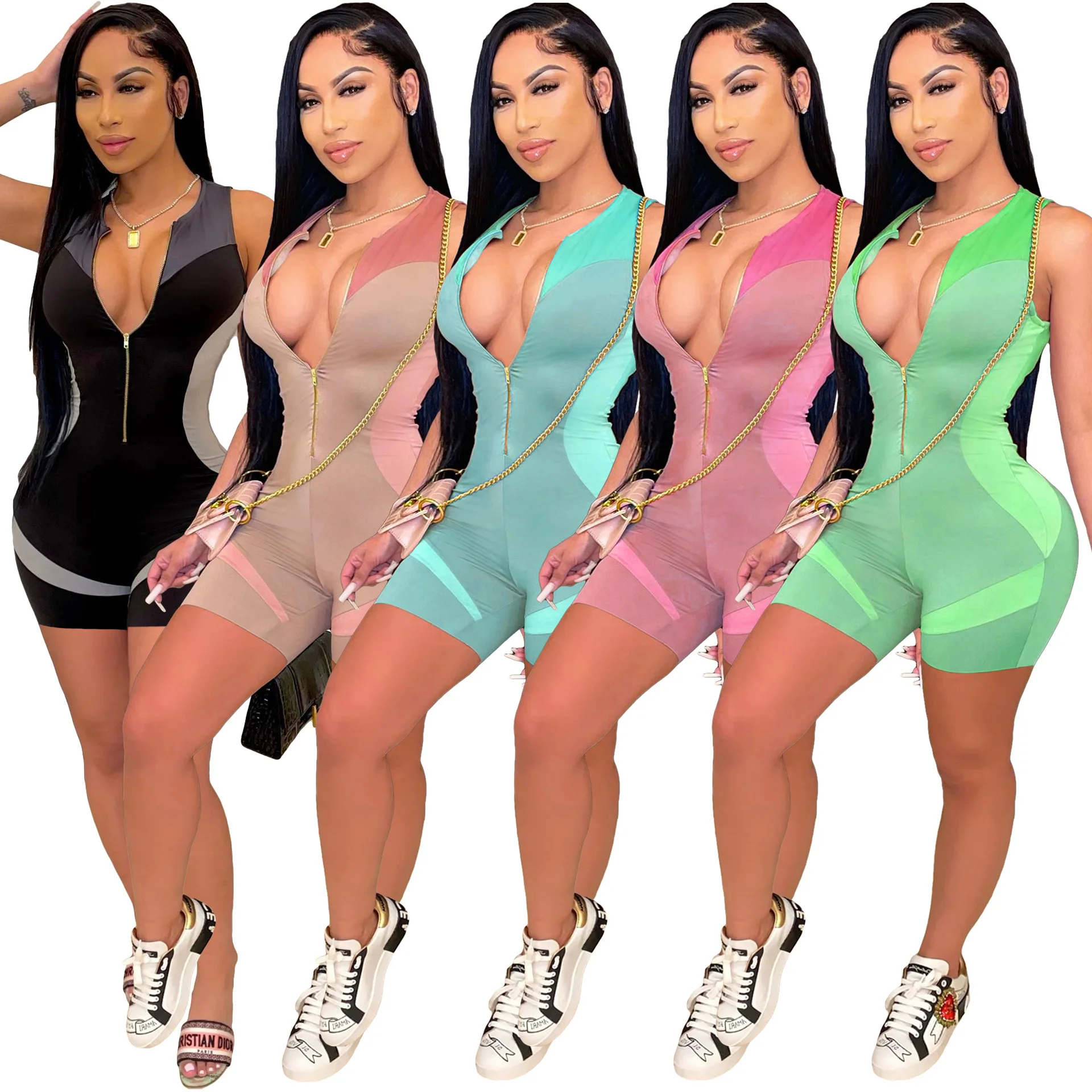 

New Patchwork Playsuit Bodycon Rompers For Women Sleeveless Short Zipper Up Jumpsuit Active Moto Biker Summer Outfit