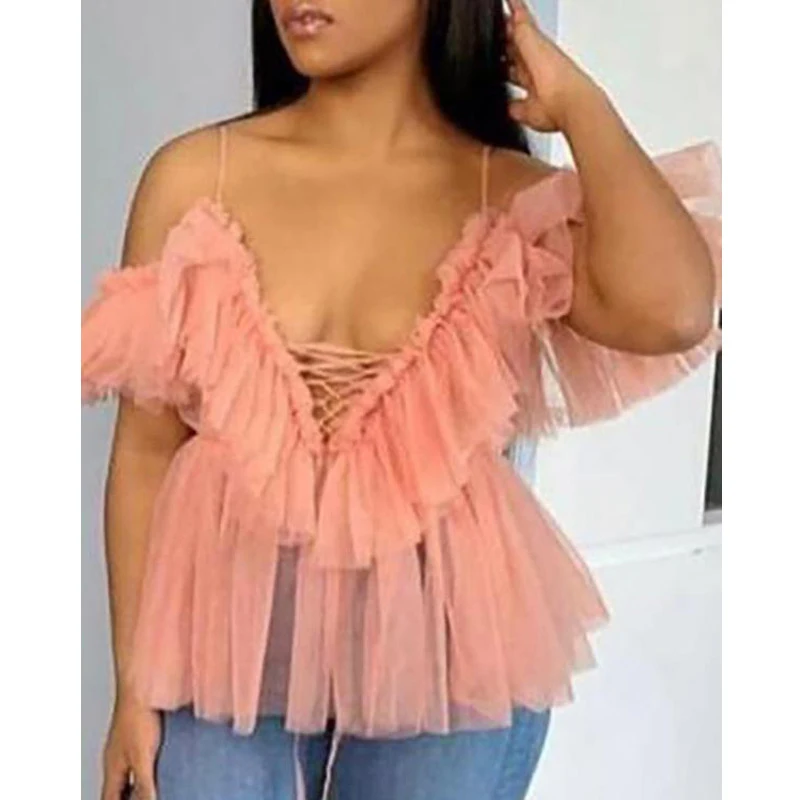 

Vintage Casual Women Summer Ruffles Off Shoulder Blouse Tops Sexy Deep V Neck Lace Up Front Chiffon Tops Beach Wear