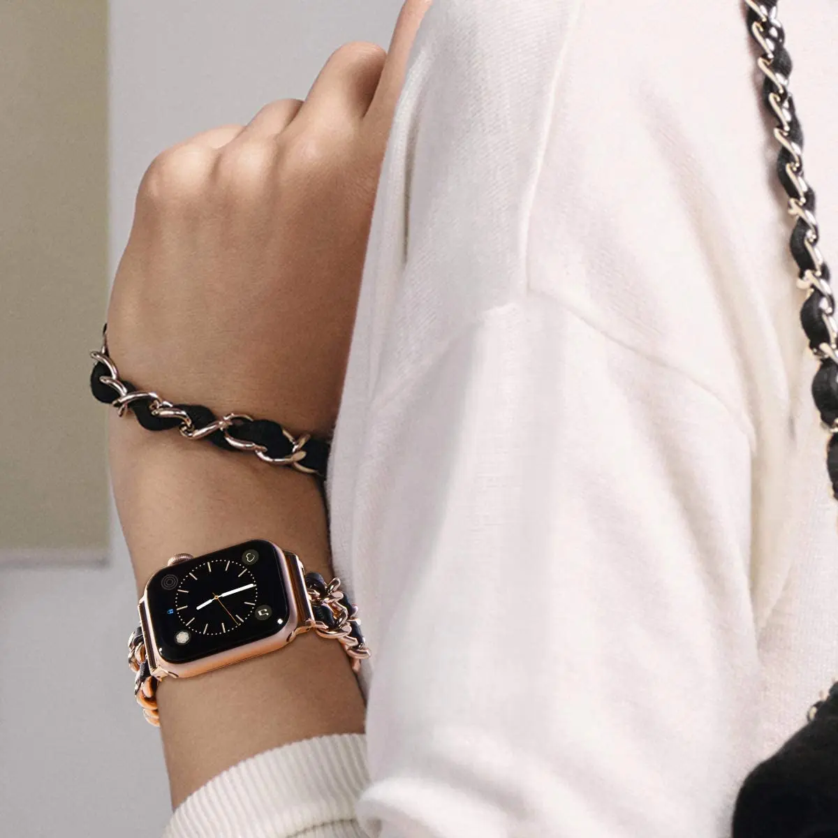 

Strap For Apple Watch Bands 42mm 38mm Women Jewelry Bracelet Chain Link Leather Wristband for iWatch Series 6 SE 40mm 44mm strap