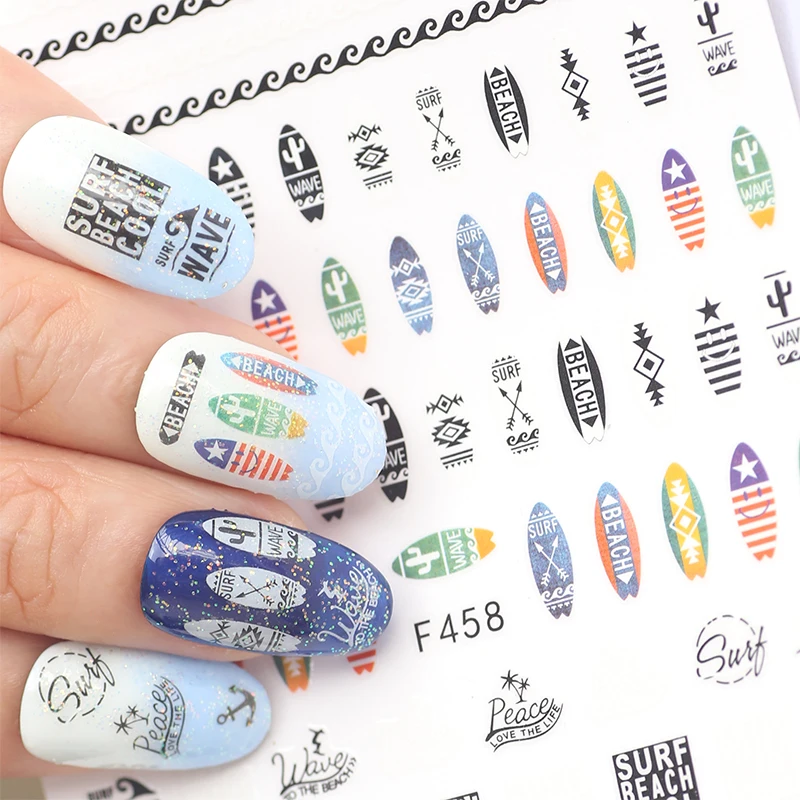 

1pcs 3D Nails Art Sticker Nail Tips Decal Back Glue Adhesive Sticker Beach Surfboard Manicure Sticker Tips F458