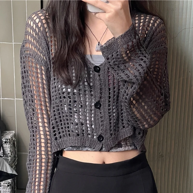 

Summer Women V-Neck Solid Cardigan Button Hollow Out Knitted Long Sleeve Short Tops Ladies Korean Casual Sueter Mujer Female