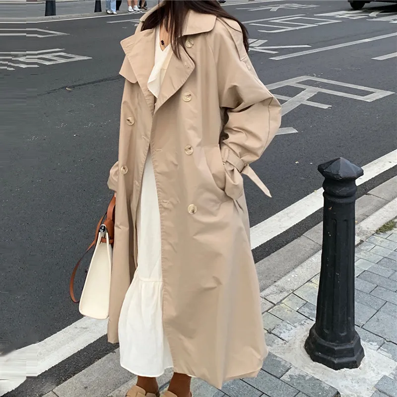 Sungtin корейский длинный Тренч большого размера женский с поясом Двубортный