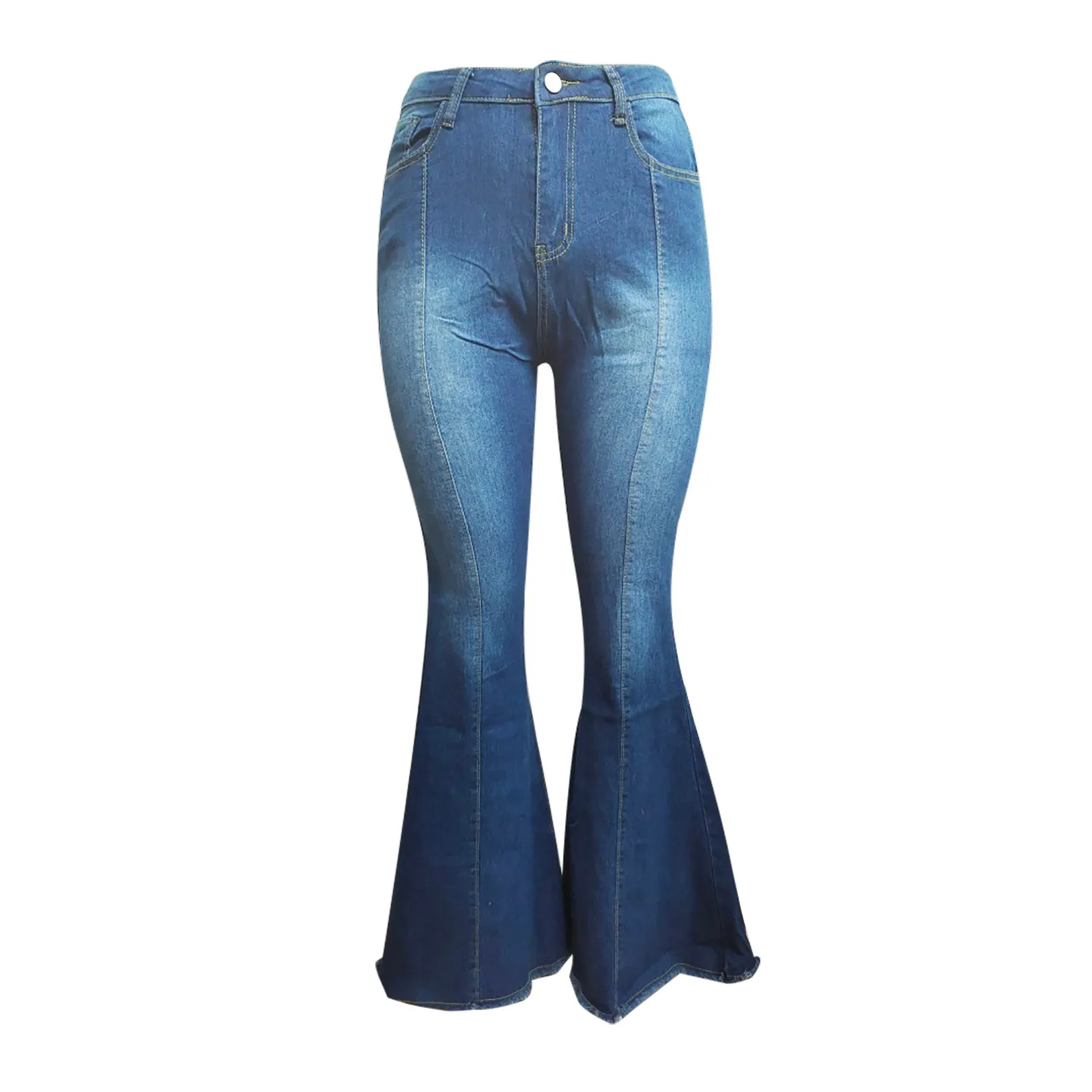 

Women's 2021 New Fashion And Casual Blue Gradient Ramp Pockets High-Waisted Slimming Thin Daily Jeans Bell-Bottom Long Trousers