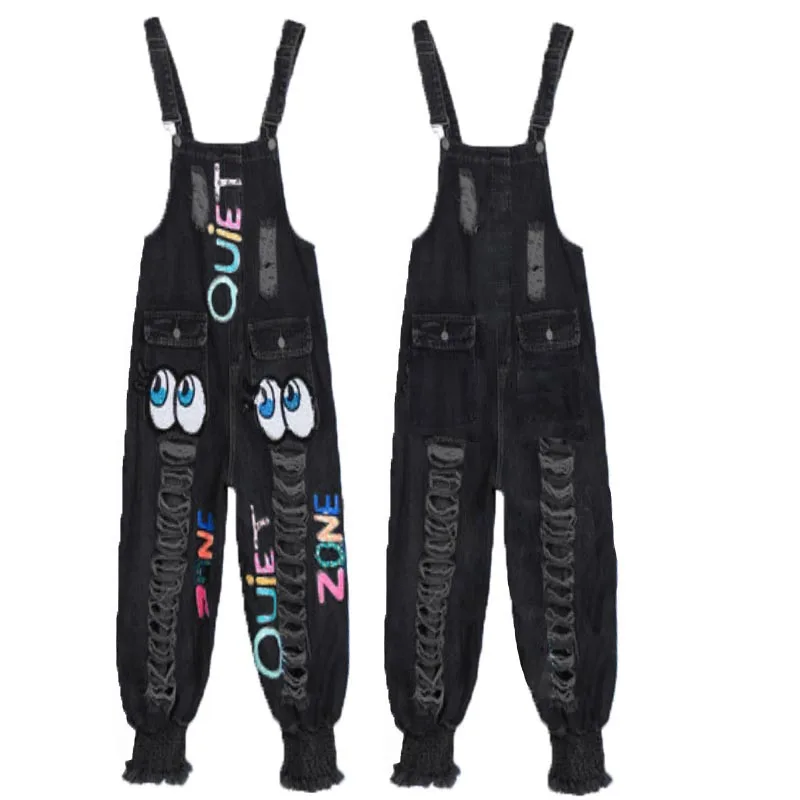 

New Spring Summer Sleeveless Denim Jumpsuits for Women Large Size Loose Casual Strappy Jeans Sequins Hole Students Overalls