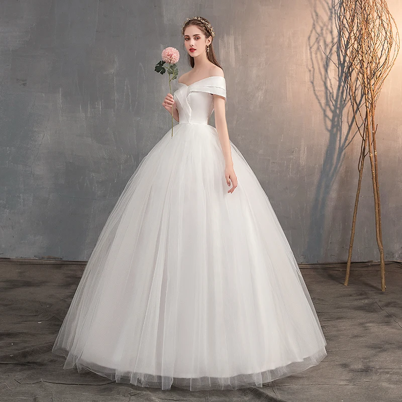 2021 простой сатин свадебное платье с открытыми плечами белое бальное феи милое