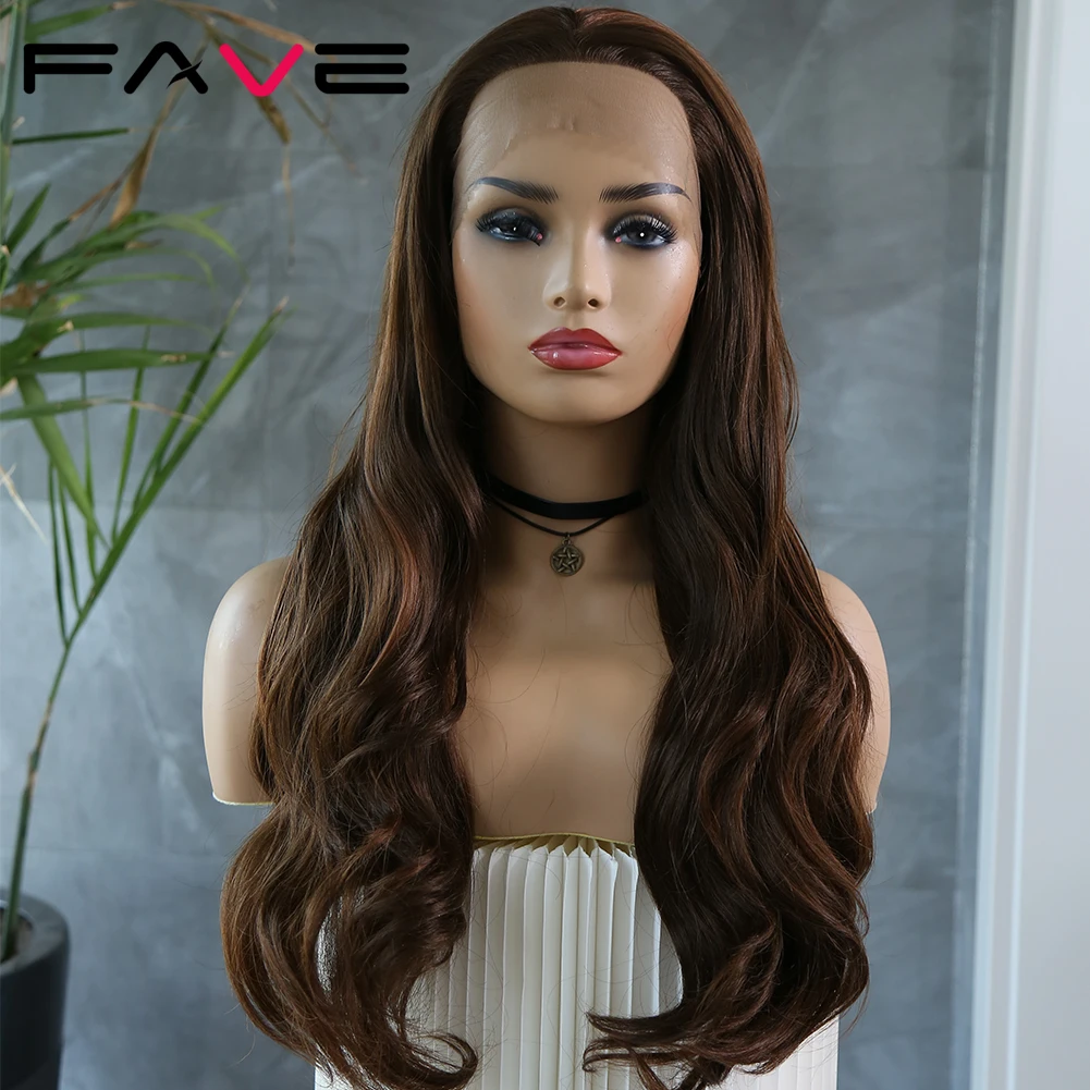 

FAVE Lace Front Synthetic Wigs Ombre Black Brown Long Body Wave Middle Part Heat Resistant Fiber For Black White Women