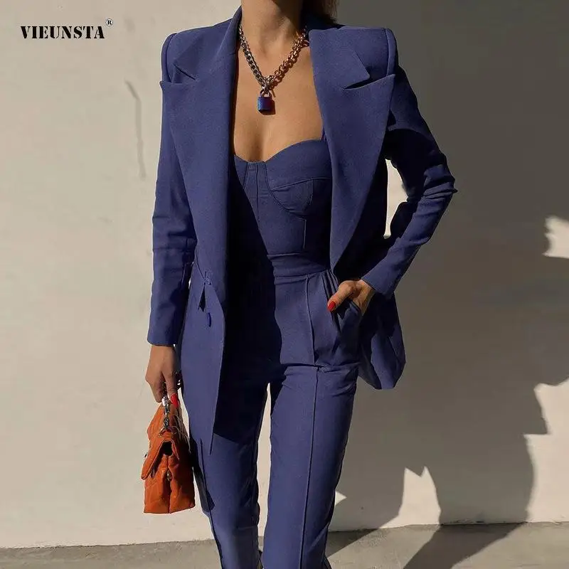 

Весенний элегантный Однотонный женский комплект из 2 предметов, привлекательный Модный облегающий топ на бретельках и длинные прямые офисн...