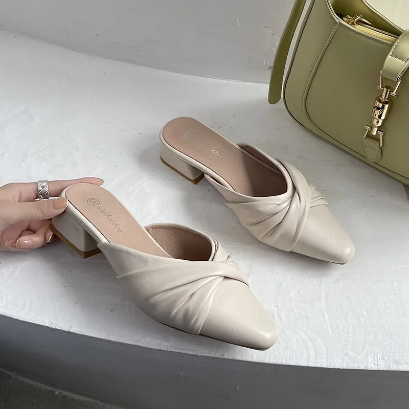 

Slippers Casual Female Shoes Mules For Women 2021 Low Pointed Toe Square heel Slides Luxury New Block Rome Fashion Hoof Heels