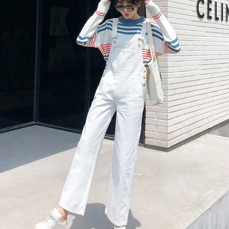 

Fall 2020 Women Black Jeans Jumpsuit Casual Straight High Waist White Denim Romper Female Sweet Loose Sleeveless Denim Overalls