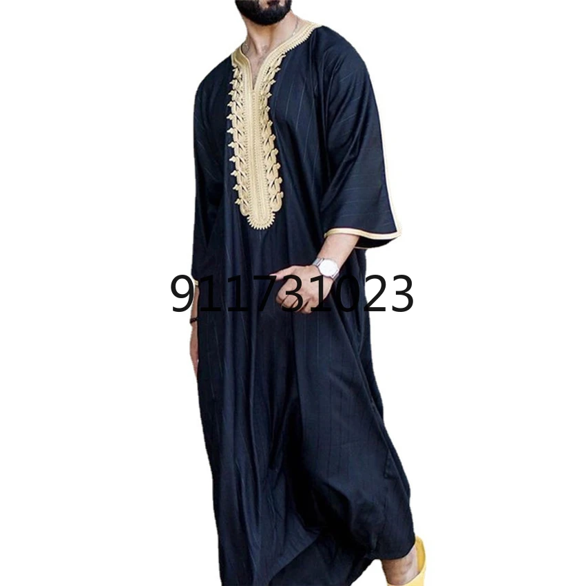 Men 2021 Eid Ramadan Abaya Dubai Kaftan Pakistan Spring Autumn Casual Loose Robe Muslim Fashion Vintage Stripe Islamic Clothing |