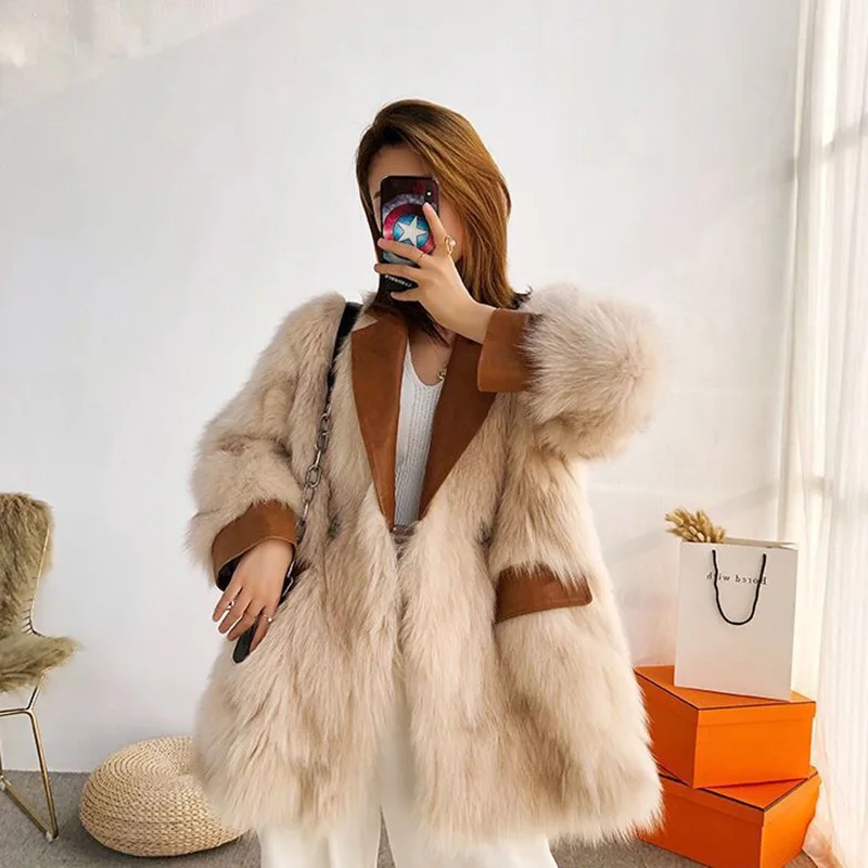 

WEPBEL Women's Winter Faux Fur Coat Ladies Fashion PU Patchwork Turn Down Collar Warm Jacket Outwear