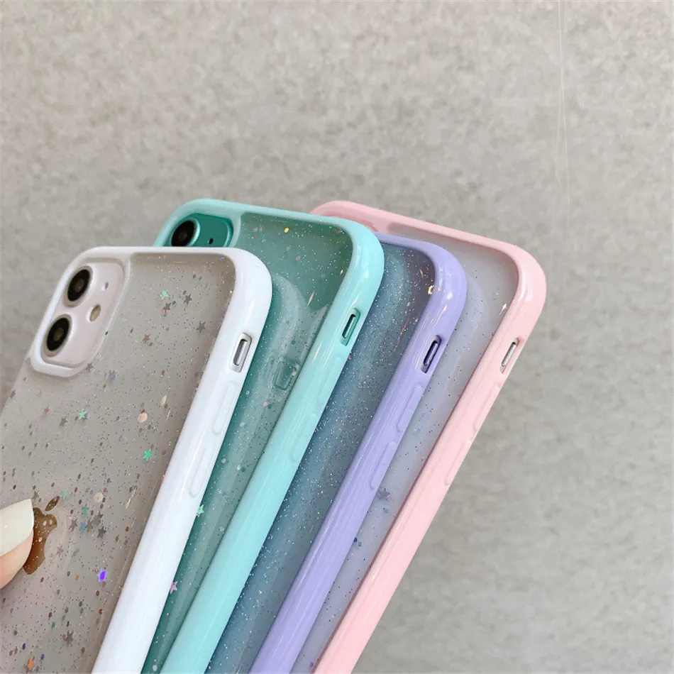 Star Bling Glitter Phone Case For iPhone 13 11 Pro Max XS Clear Back Love Heart Cover For iPhone 12 Mini XR X 7 8 6 Plus SE 2020