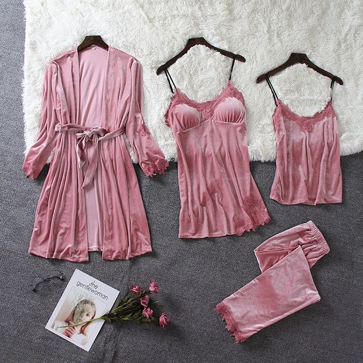 Lace Sexy Homewear Sleep Set Female Velour Long Sleeve Home Clothing Pajamas Suit Nightwear Pijamas Suit Casual Sleepwear