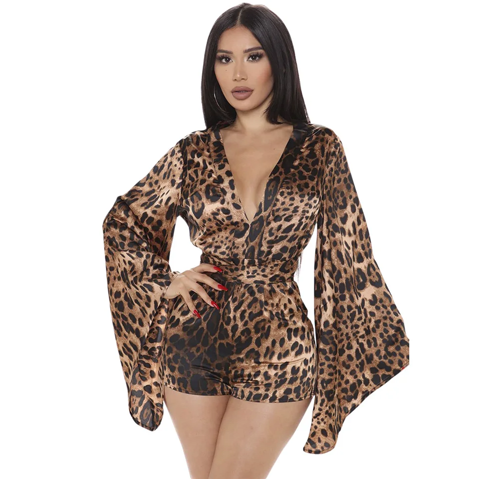 

Kalenmos Women Leopard Deep V-neck with Sashes Flare Long Sleeve Playsuit for Sexy Club Party One Piece Overall Rompers Spring