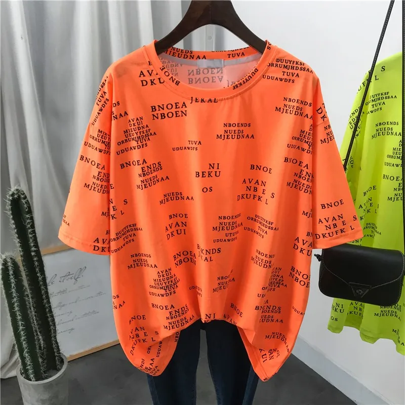Letter Streetwear Tee Top Women Summer 2020 New Short Sleeve Fluorescent T Shirt Female Lazy Loose Casual T-shirt Young Lady | Женская