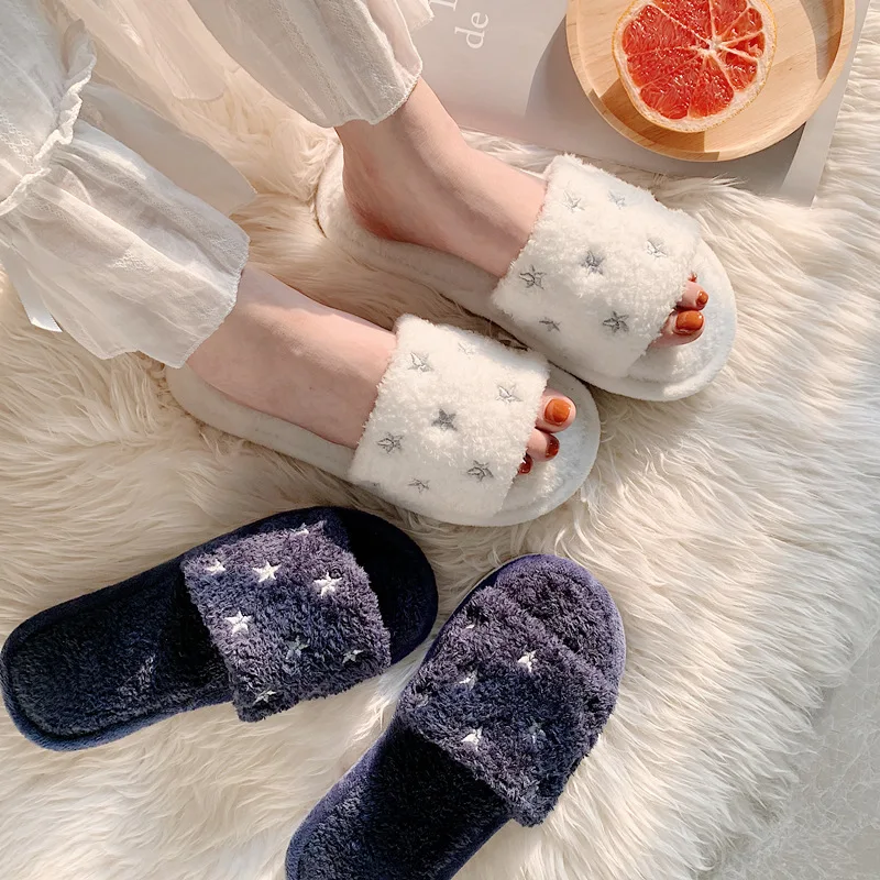 

2021 Star Soft Slippers with Faux Fur for Home Fluffy Plush Winter Warm Women's Indoor Slippers Soft Bedroom Home Shoes Mujer