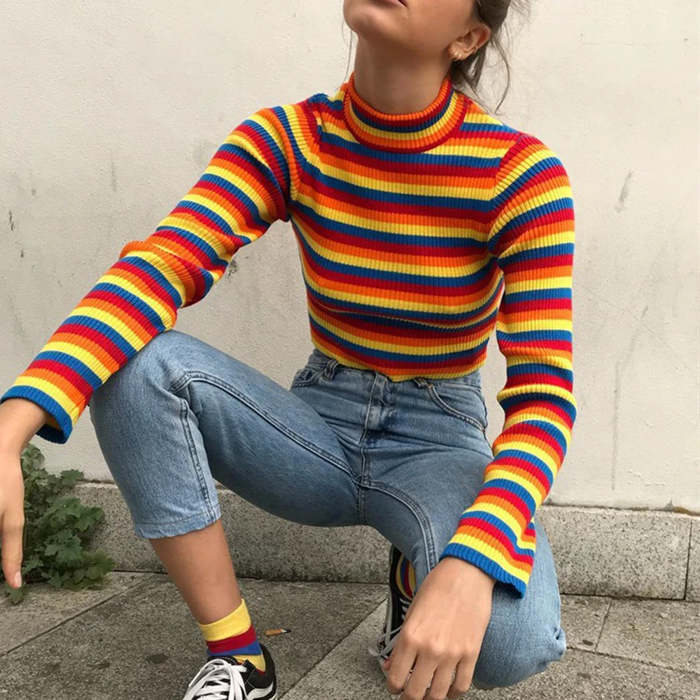 Женский джемпер в радужную полоску облегающие вязаные свитера с высоким