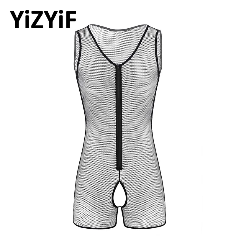 

Sexy Mens One-piece Swimsuits See Through Sheer Fishnet Lingerie U-neck Crotchless Front Zipper Tank Leotard Bodysuit Jumpsuit