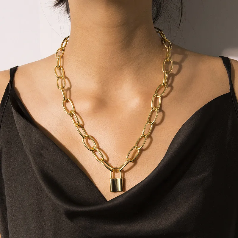 Lock Pendants Punk Necklaces for Women Gold Color Hollow Chain Personality Female Neck Jewelry gothic Decoration | Украшения и