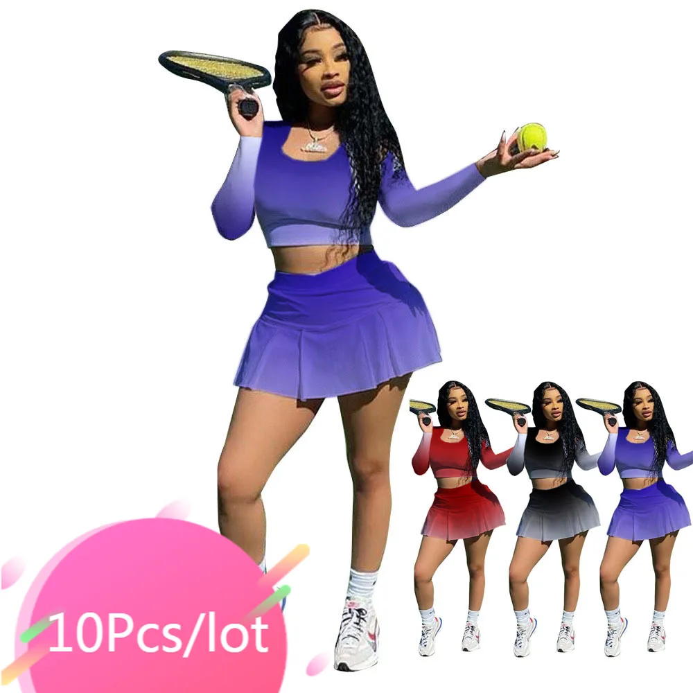 

Bulk Items Wholesale Lots Two Piece Set Long Sleeve Tops Tennis Skirts for Women Autumn Fitness Matching Set Active Tracksuit