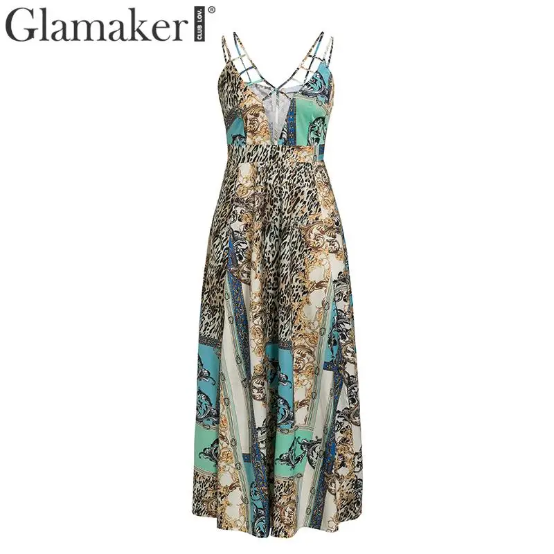 Glamaker, Леопардовый принт, Ретро стиль, макси платье, для женщин, без рукавов, вечерние, для клуба, праздничное платье, сексуальное, винтажное, с высоким разрезом, v-образный вырез, длинное, dvestidos