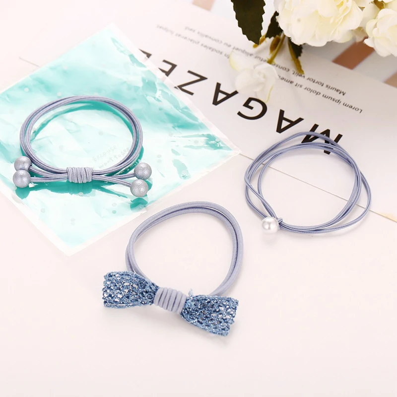 3 шт./компл. женские резинки для волос с бантом искусственные жемчугом синего