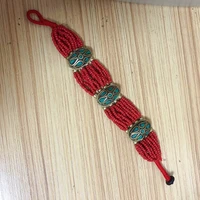 br064 tibetan brass inlaid turquoises multi rows bracelet for women nepal 3 oval charm beaded bracelets vintage jewelry