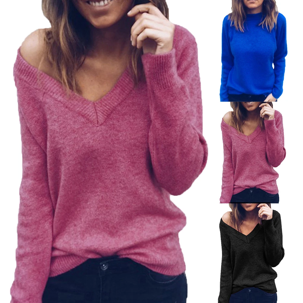

Autumn and winter woman sleeve sexy V-neck sweater fashion simple solid color wild sweater casual loose collar pullover shirt
