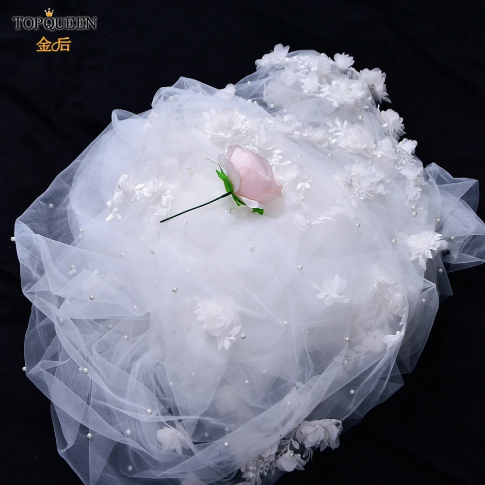 

TOPQUEEN V52 Beautiful 3M Cathedral Wedding Veil with Flowers White Ivory Bride Marriage Tulle with Pearls for Women Wedding
