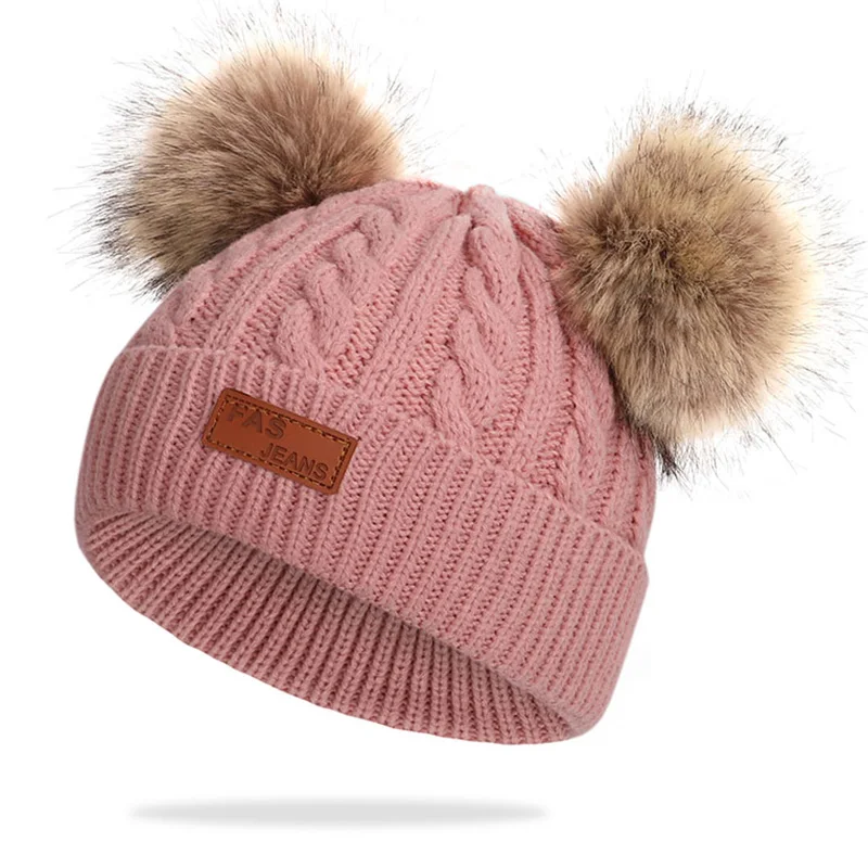 Dark pink-1 Детская шапка, вязаная Милая шапка для девочек, BoysBig Pom pom Beanie, детские шапки для девочек и мальчиков, теплая вязаная зимняя детская шапка из натурального енота F - Цвет: Dark pink-1