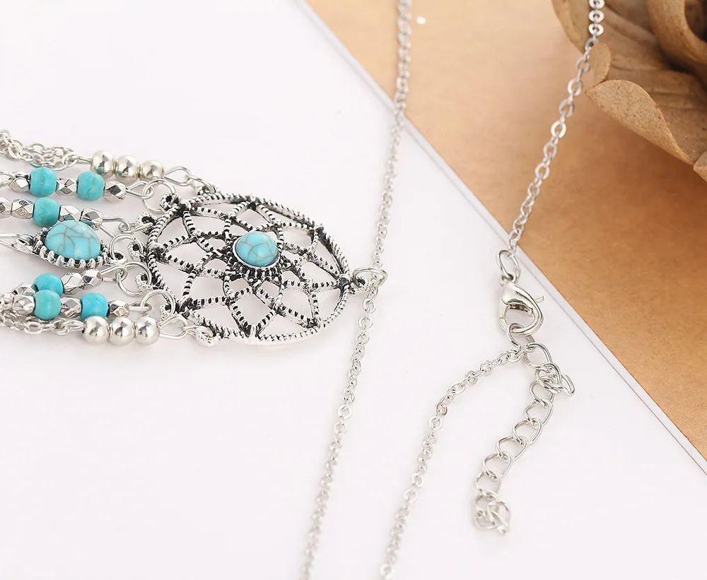 

Ethnic style set of chain tassel dream catcher feather turquoise bohemian jewelry