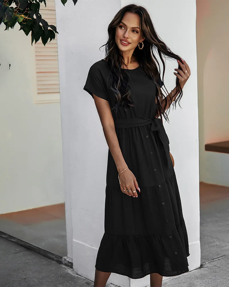 

Commuter Lace-up Slim Dress Women's 2021 Summer Solid Color Dresses