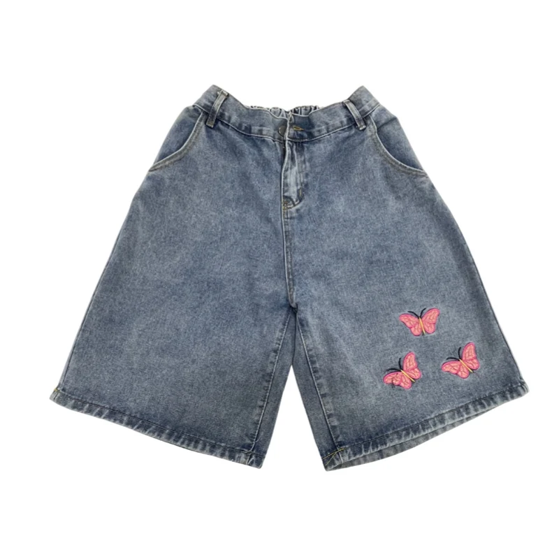 

New Summer Shorts Women College Style Shorts Cotton Cartoon Butterfly Embroidery Denim Shorts Vintage Washed Shorts Man Shorts