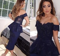 elegant navy blue beaded cocktail dresses tea length peplum off shoulder prom dresses applique lace fitted lady party gowns
