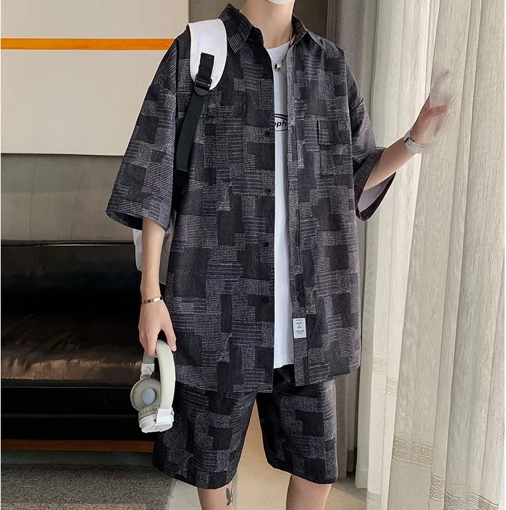 

Summer Short Set Fashion Man Polyester Men Suit Shirts Plus Shorts Design Patch Plaid Casual Oversized Clothing Man