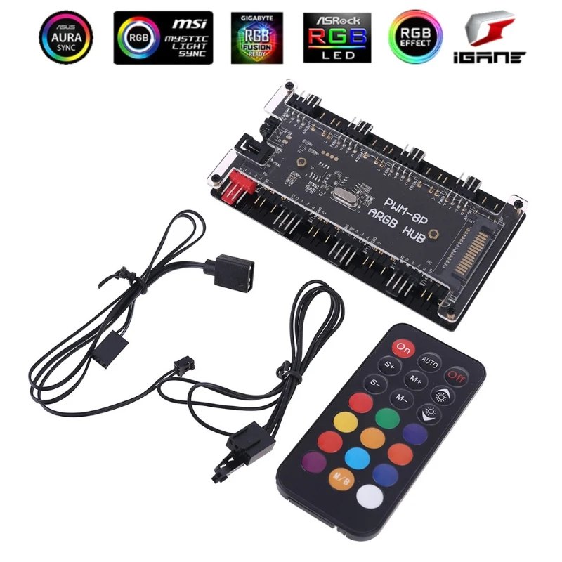 

PWM FAN+ARGB LED 2 in 1 Sync Hub Wireless Controller 1 To 8 Multi Way Splitter 5V 3PIN RGB cooler 4Pin Fan Adapter AURA QXNF