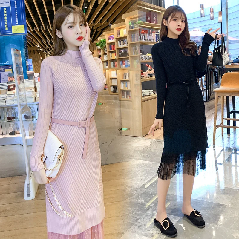 2019 женское элегантное осенне-зимнее платье-свитер однотонное платье с длинными