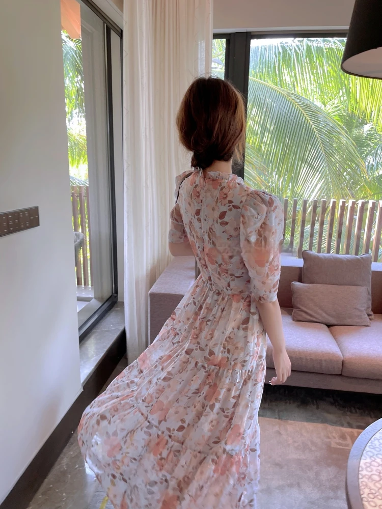 

Women Summer Floral Print Maxi Dress 2021 White Boho Short Sleeve A-line Long Dress New Elegant Vintage V Neck Summer Dresses