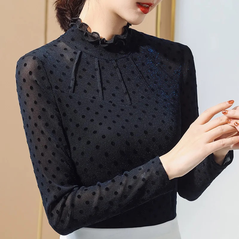 

Autumn and Winter New Style Fungus Collar Floral Small Shirt Western Style Half-high Collar Long-Sleeved Women's T-Shirt Y2k Top