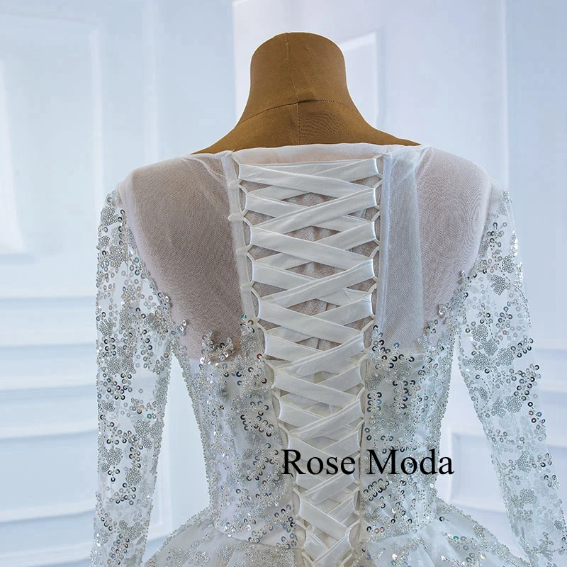 

Rose Moda Luxury Long Sleeves Glittering Fully Beaded Wedding Dress Princess Ball Gown Lace Up Back Custom Make