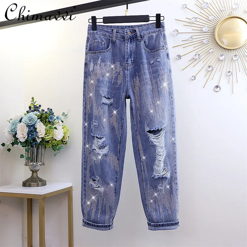 

Female Streetwear 2021 Summer New Hot Rhinestone Fashion Blue Jeans Trousers All-match Ripped Holes Slimming Loose Baggy Pants