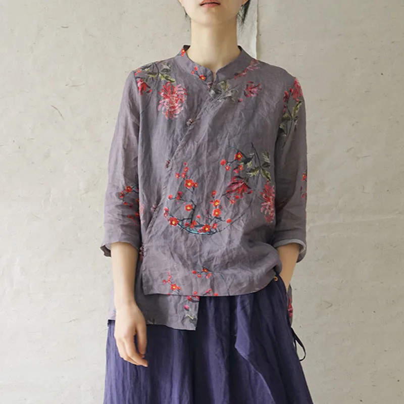 Рубашка женская Johnature свободная из хлопка и льна с подставкой пряжкой принтом