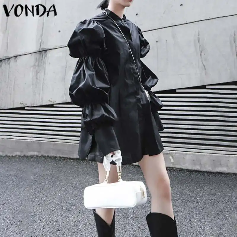 VONDA женская блузка размера плюс Ретро стиль длинный рукав-фонарик воротник с