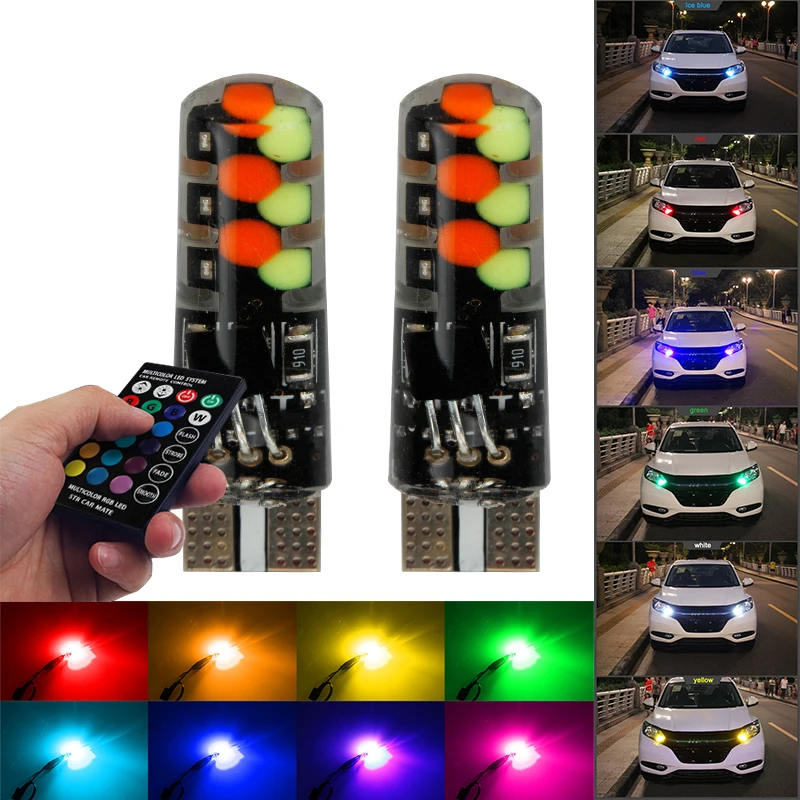 

2Pcs 5050 SMD RGB LED T10 W5W 194 168 Auto Car Wedge Side Light Multicolor LEDs Demo Lamp Bulb With Remote Controller Strobe